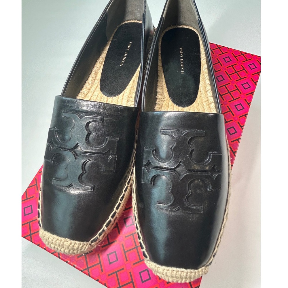 Tory Burch Ines Platform Espadrille Women 10.5 Black Leather Logo Slip On